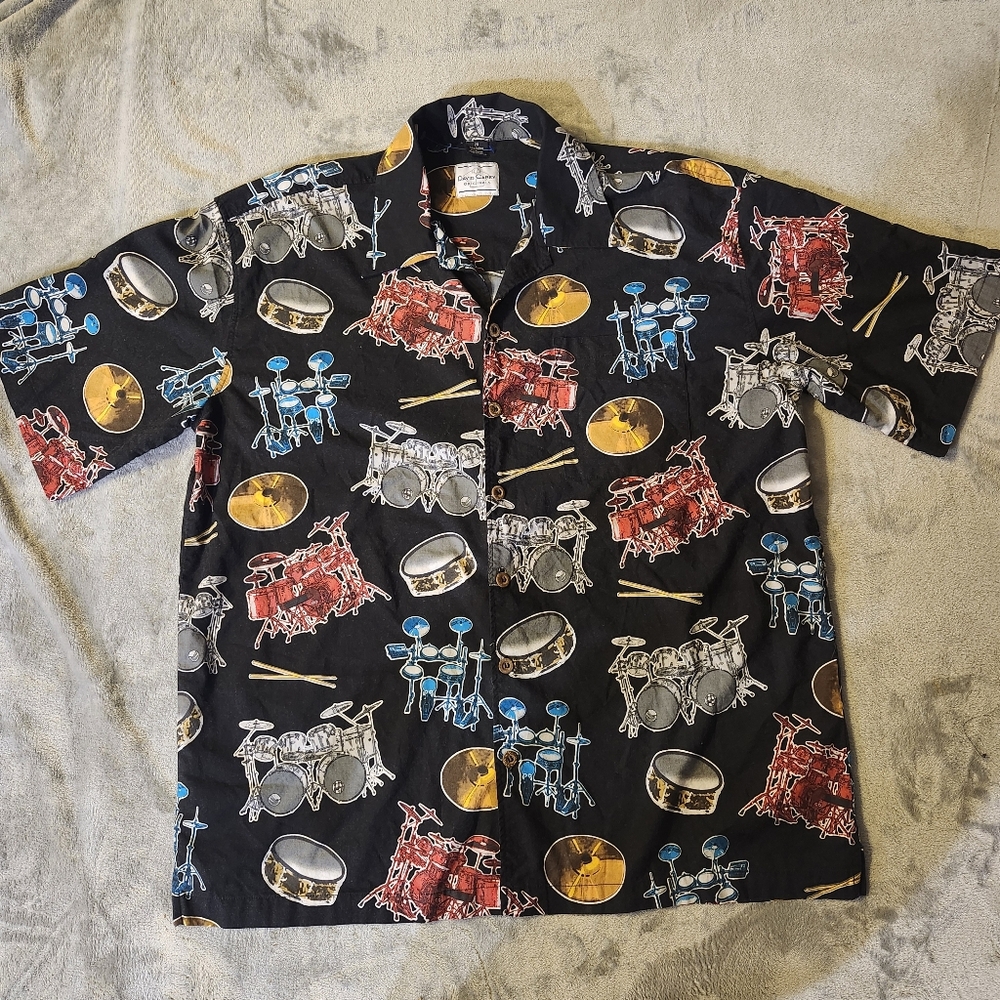 David Carey Rock N Roll Drum Set Button Up Vacation Shirt Size 2 XL Black